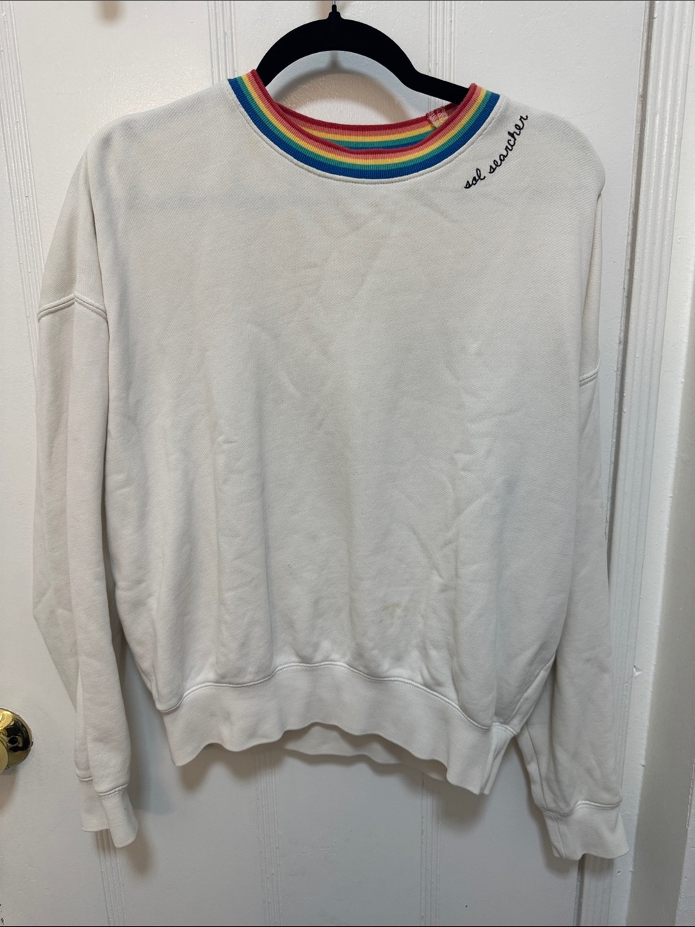 Spiritual gangster White Crewneck Sweatshirt with Rainbow Neck Trim